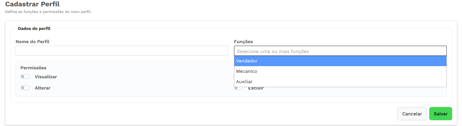 Tela de cadastro e permissões de perfil personalizado
